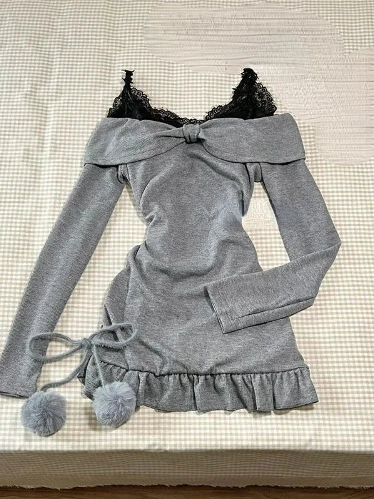 GETADME Sweet Sexy Lace Patchwork Black Camisole Dress for Women+ Long Sleeve Slim Fit Y2k Crop Tops Autumn New Two Piece Sets Outfits Embroidered Appliqued Beaded