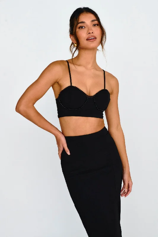 Next To You Bead Trim Crop Top Black Collared Crop Top Boat Neck A-Line