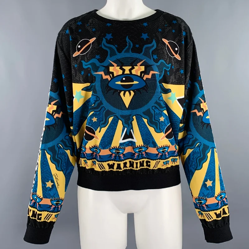 JUST CAVALLI Size 8 Blue Black Yellow Polyester Blend Pullover Saggy Sleeve Comfort