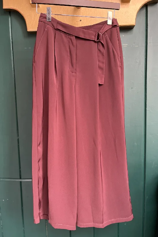 Re-Wear Ichi Maroon Cropped Belted Trousers Trousers Evening Elegant