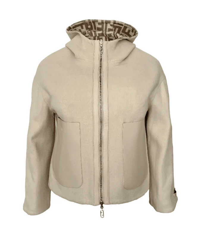 Fendi Women Double Sided Fleece Wool Jacket Zippered Front Buttoned Front Snap Front