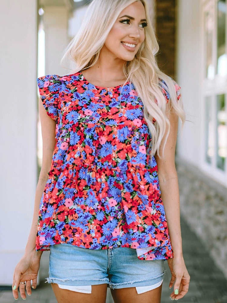 Summer New Arrival Ruffle Sleeve Pullover Tops Women 2024 Summer Color Printing Loose Slim Looking Thin T-shirt Women Boxy Neck Sweater