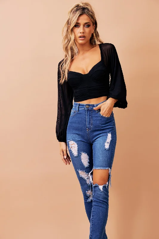 Charmed Crop Top - Black Front Pockets Side Pockets Patch Pockets