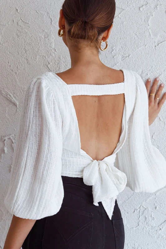 Love Like This Balloon Sleeve Open Back Crop Top Textured White Cotton Fabric Linen Fabric Terry Fabric