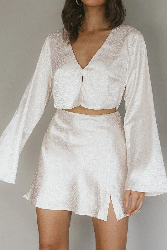 Reese Long Sleeve Satin Crop Top Cream Ribbed Crop Top High Neck Heavyweight
