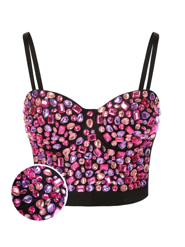 1970s Spaghetti Strap 3D Rhinestone Embellished Crop Top Satin Fabric Silk Fabric Chiffon Fabric