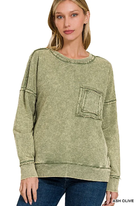 FRENCH TERRY ACID WASH FRONT POCKET PULLOVER in LT OLIVE Hooded Pullover Sweater