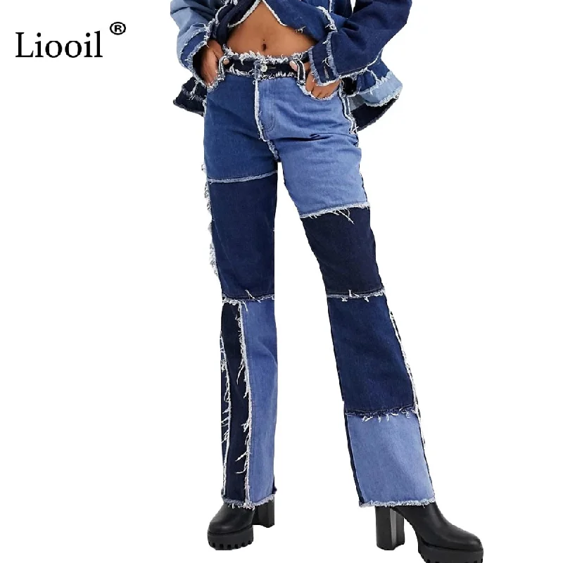 Liooil Patchwork Skinny Straight Leg boyfriend Jeans Woman High Waist Denim Trousers Sexy Color Block Brown Streetwear Pants Trousers Favorite Customer
