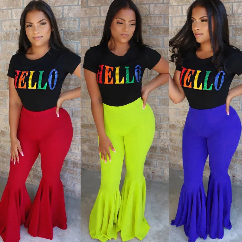 WN501256 Winter casual High Waist Solid Stretch flares pants Women's plus size Ruffle pants & trousers Trousers stylish modern