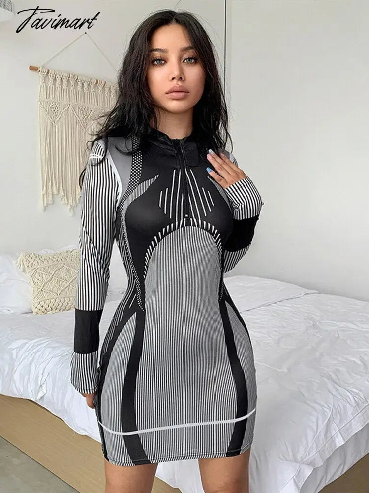 Tavimart Sporty Stripe Long Sleeve Mini Dress Women Zipper Pullover Bodycon Dresses Female Fashion Casual Basic Slim Dresses Turtleneck Warm Pullover