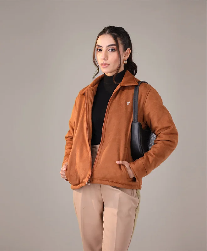 Camel Suede Flight Jacket (Women) Satin Jacket Silk Jacket Chiffon Jacket