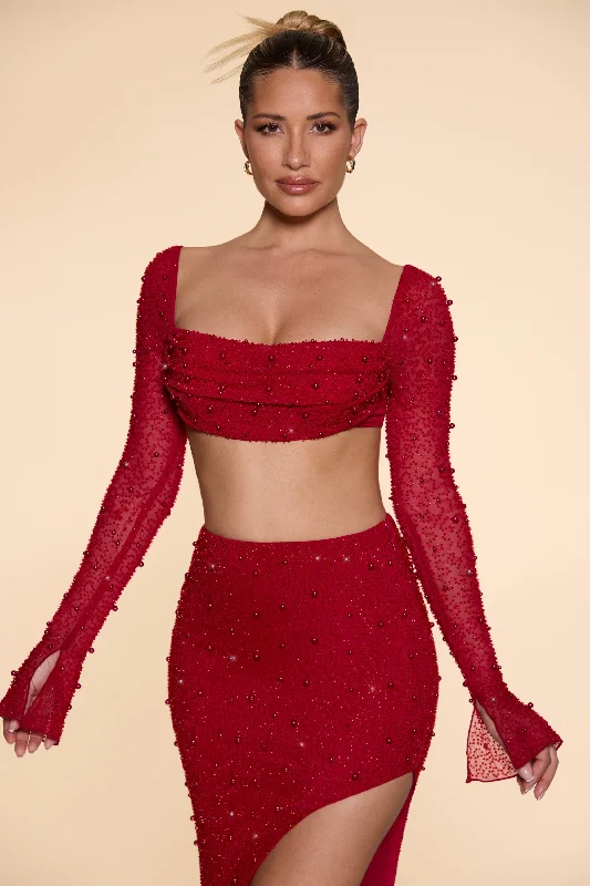 Embellished Cowl Neck Crop Top in Red Wool Fabric Cashmere Fabric Tweed Fabric
