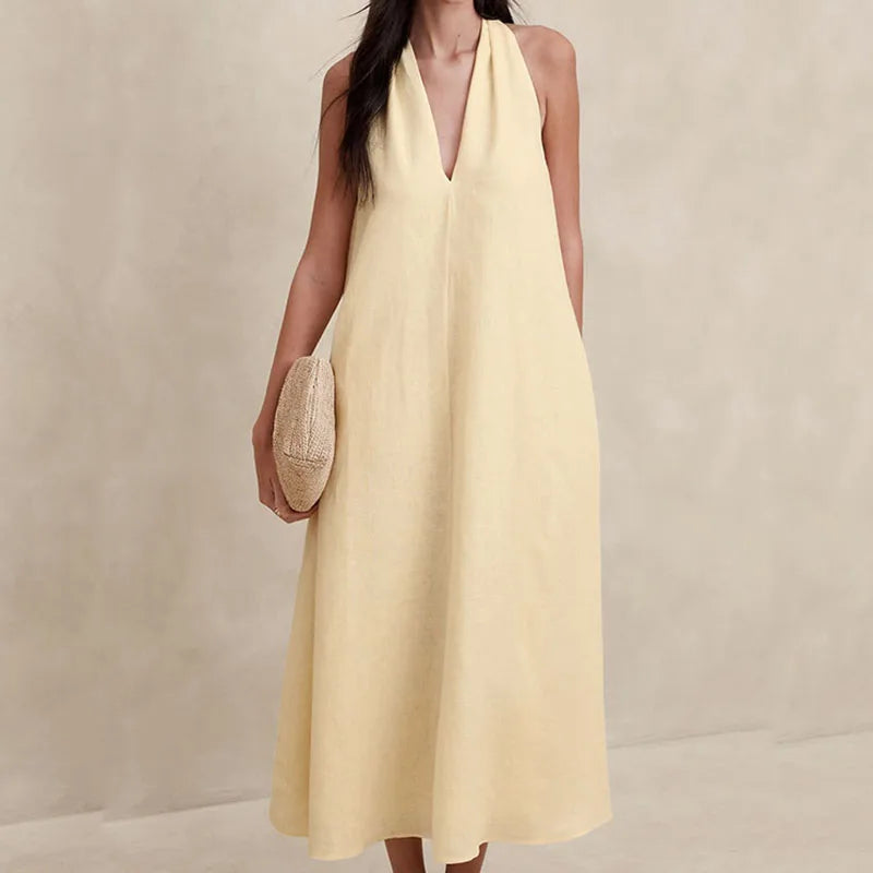 TAVIMART  -  Women New Sleeveless Halter Long Dress Elegant Ladies Solid Color Pockets Loose Dress Summer 2024 V-neck Party Pullover Dress Halter Neck Top