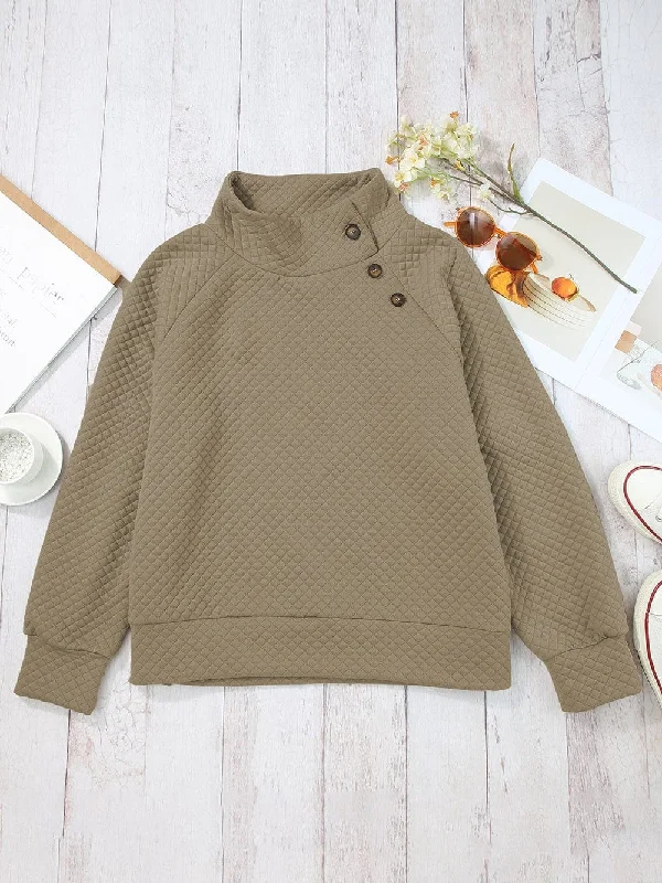 Button-Front Quilted Pullover Shirred Sleeve Feminine