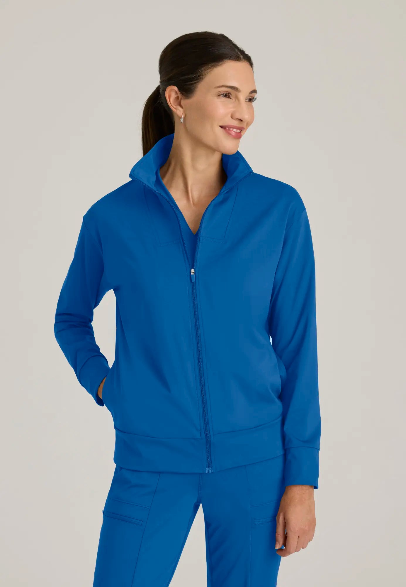Grey's Anatomy Women's Ease Warm-Up Jacket - New Royal Notch Collar Jacket Peter Pan Collar Jacket Cowl Neck Jacket