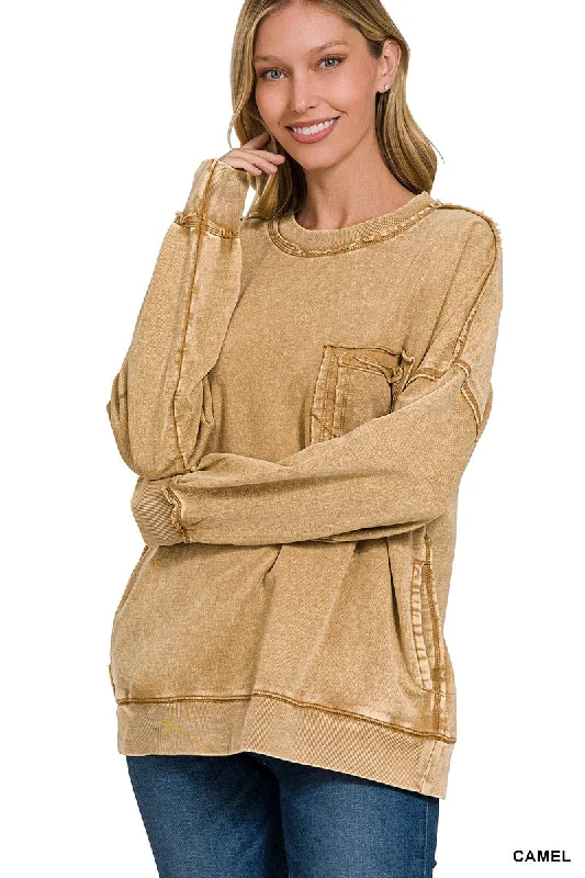 FRENCH TERRY ACID WASH FRONT POCKET PULLOVER in CAMEL Batwing Sleeve Top