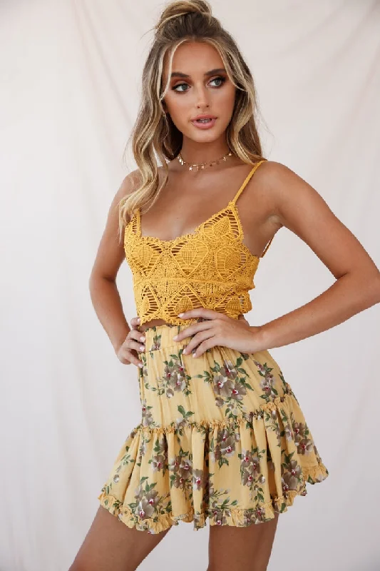 Mirage Crochet Lace Crop Top Mustard Boxy Fit Fitted Loose