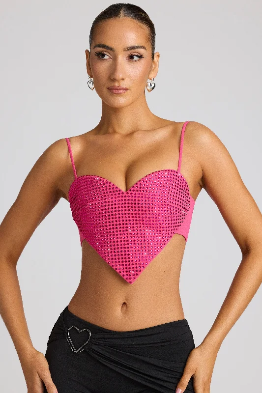 Embellished Heart Detail Crop Top in Magenta Welt Pockets Slit Pockets Flap Pockets