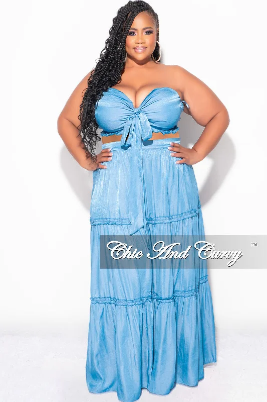 Final Sale Plus Size 2pc Strapless Crop Top and Maxi Skirt Set in Denim Solid Print Embellished
