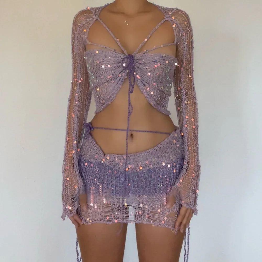Knitted Dress Two Piece Skirt Sets 2023 Winter Women Clothes Sexy Crop Tops Elegant Knit Sequin Dress 2 Piece Set Outfit Houndstooth Herringbone Solid