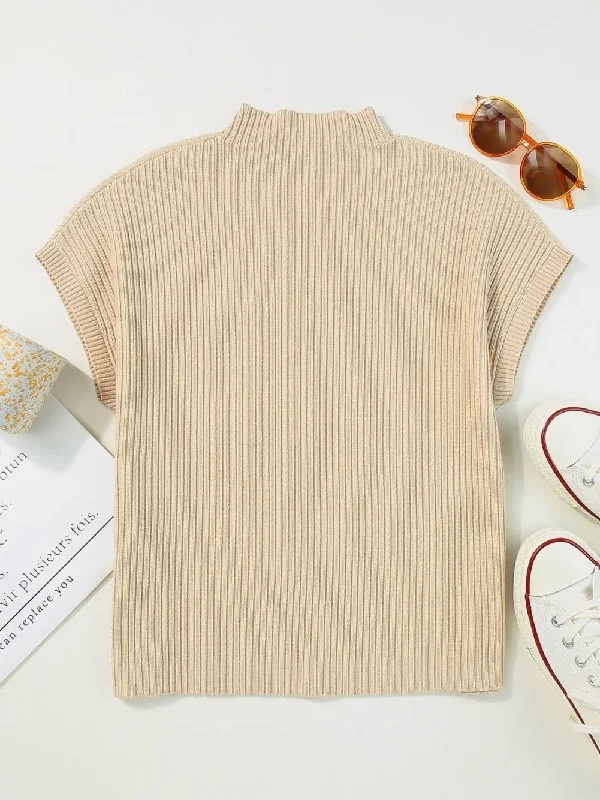 Beige Knit Pullover with Pocket Cap Sleeve Casual