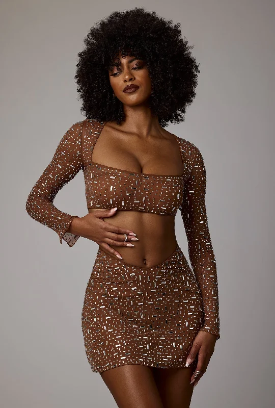 Sheer Embellished Long Sleeve Crop Top in Mocha Anti-Shrink Durable Soft