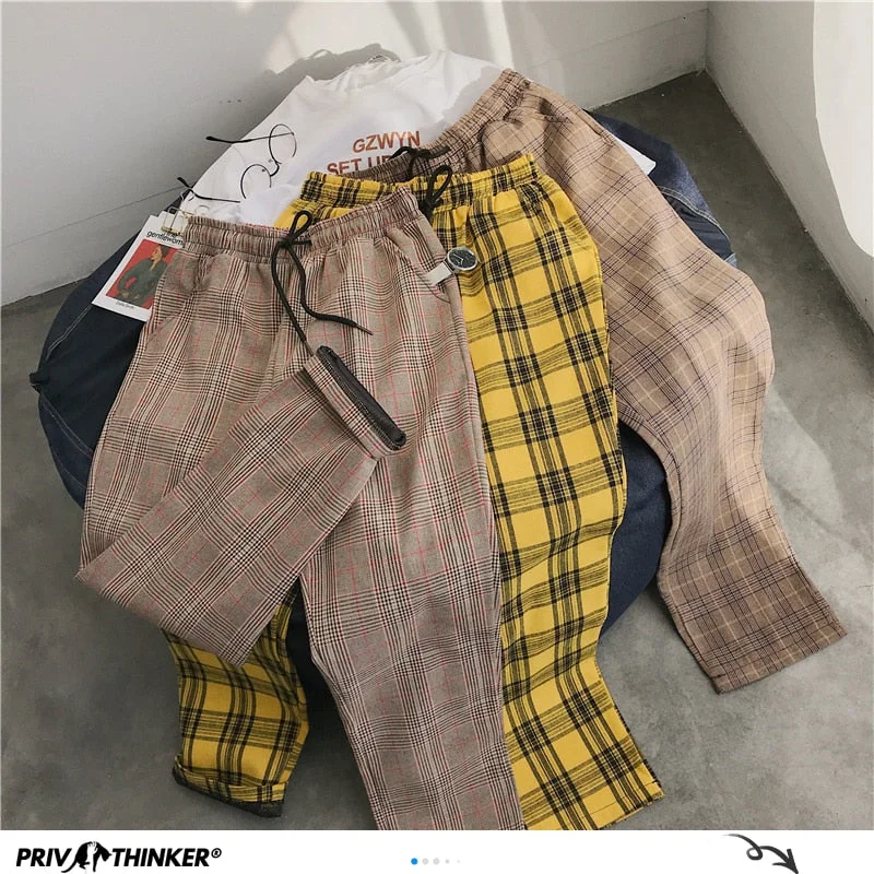 Privathinker Men Women Korean Black Plaid Casual Pants 2020 Mens Streetwear Harem Pants Male Checkered Trousers Plus Size Trousers Solid Black