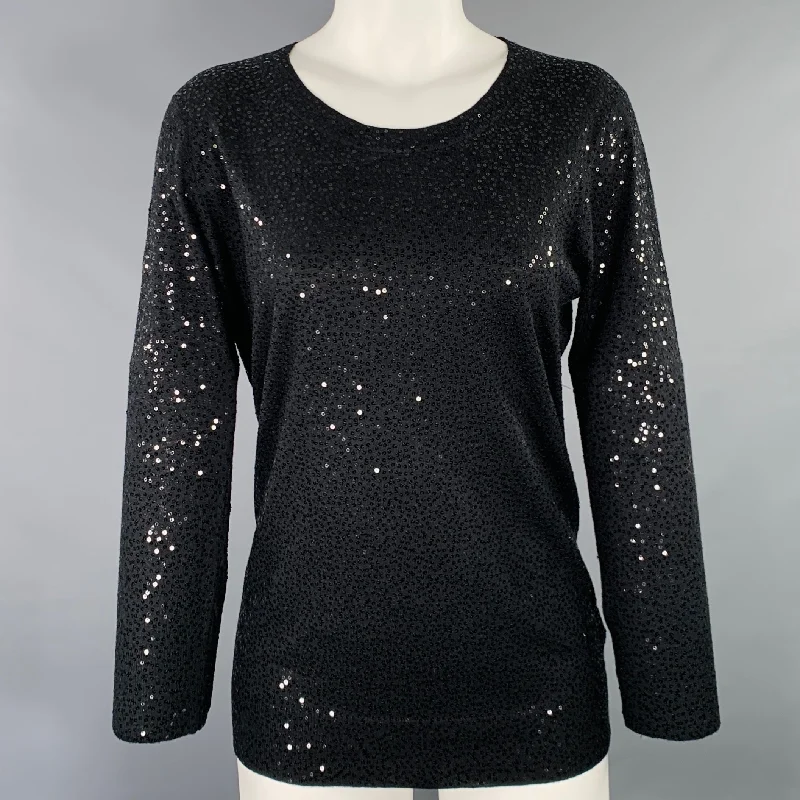 DKNY Size S Black Silk Cashmere Sequined Crew Neck Pullover Tapered Sleeve Pullover