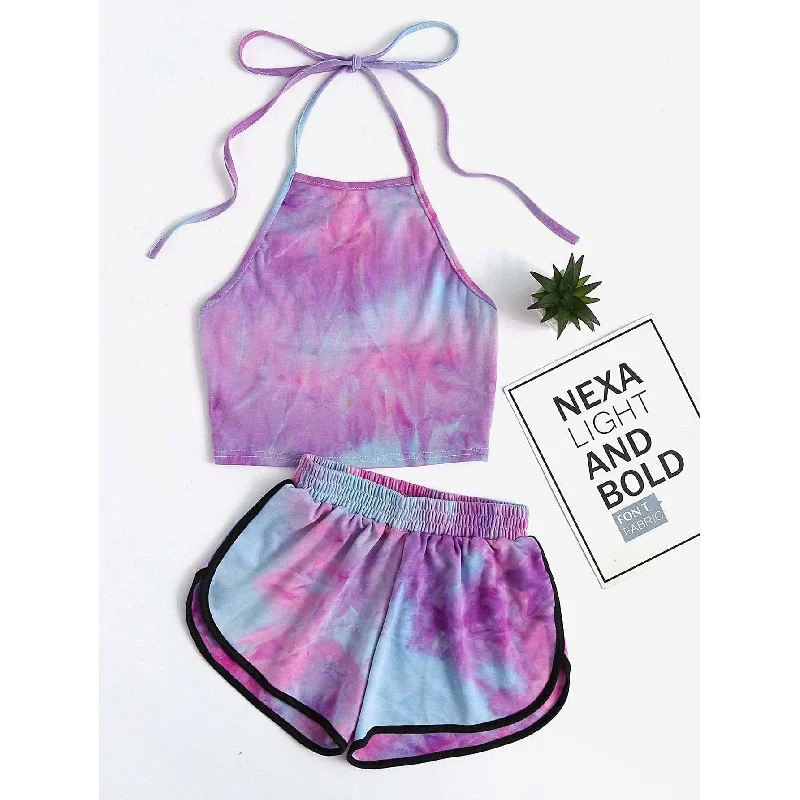 Water Color Crop Top With Ringer Shorts Summer Crop Top Casual Short Sleeve