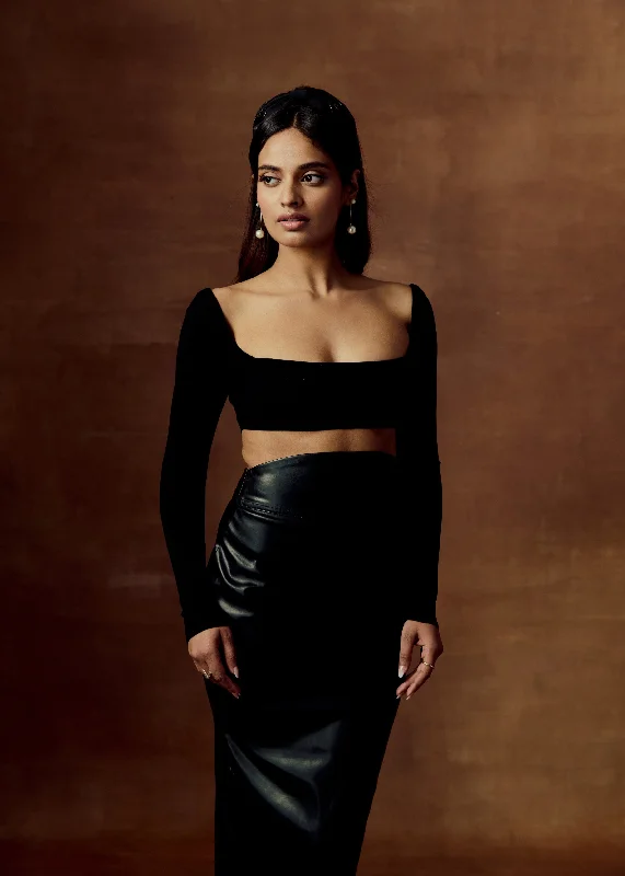 Aislinn Black Pearl Detailing Crop Top Lace Blend Ribbed Blend Corduroy Blend