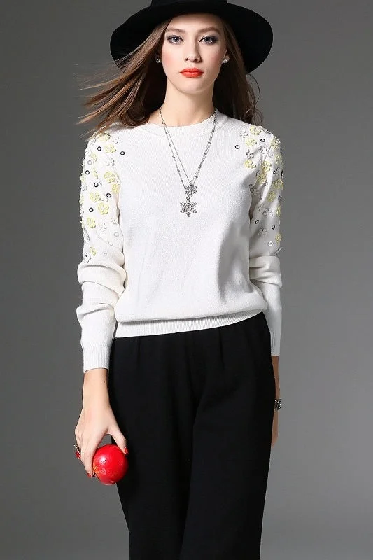 White Sweater W/ 3D Flowers Faux Fur Fabric Real Fur Fabric Shearling Fabric