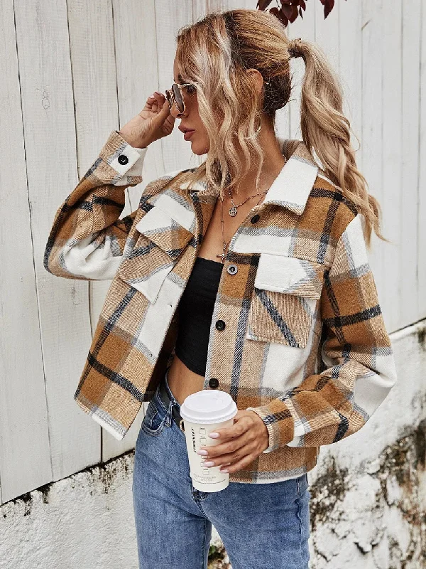 Fashion Turnover Collar Short Jackets Coats Welt Pockets Slit Pockets Flap Pockets