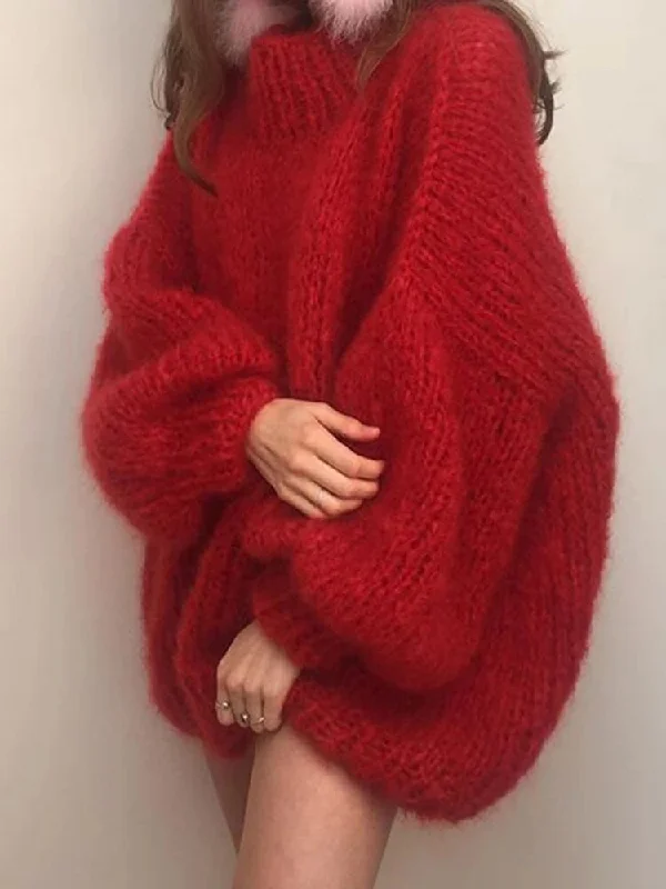 Mohair Sweaters For Women Round Neck Lantern Sleeve Loose Sweater Dress Mesh Fabric Canvas Fabric Denim Fabric