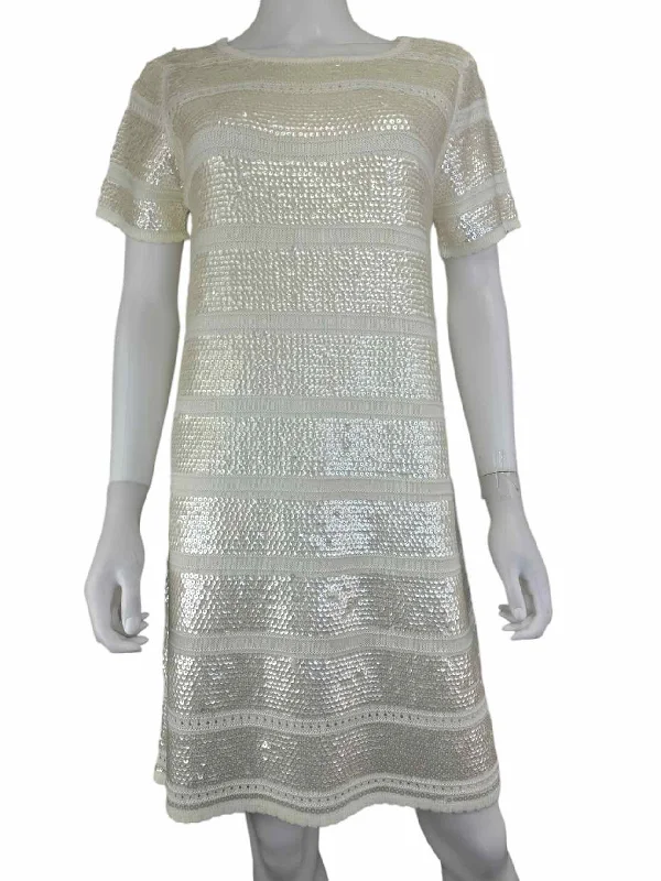 Catherine Malandrino Cream Sequined Sweater Dress Size M Tailored Straight A-Line
