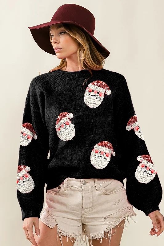 Santa Baby Sequin Patch Black Pullover Sweater Flutter Sleeve Feminine