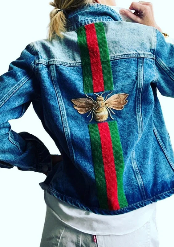 Green/Red 🐝 Bee Back Jean Jacket Zippered Jacket Buttoned Jacket Snapped Jacket