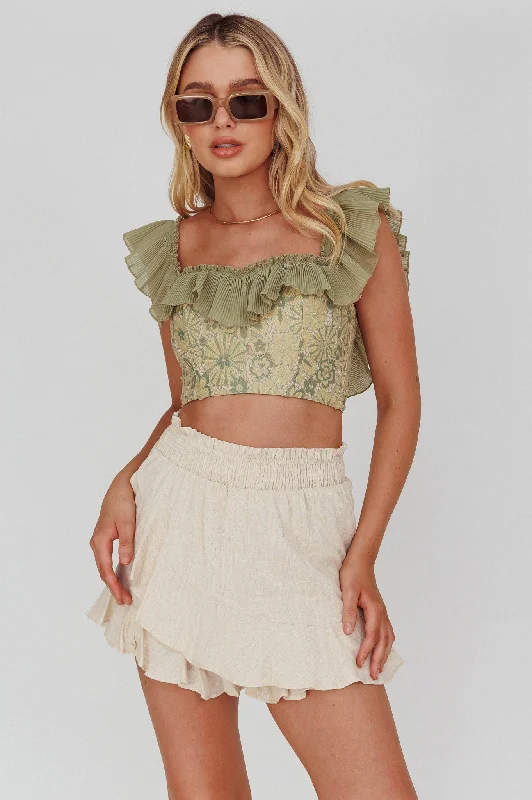 Dreamy On Or Off-Shoulder Frill Crop Top Beige/Olive Houndstooth Herringbone Solid