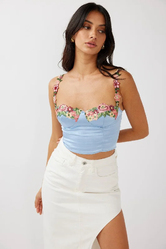 Rose Garden Floral Applique Crop Top Blue Terry Blend Velvet Blend Canvas Blend