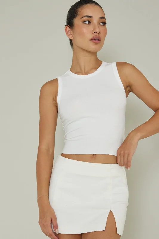 Mayra Crew Neck Crop Top White Solid Print Embellished