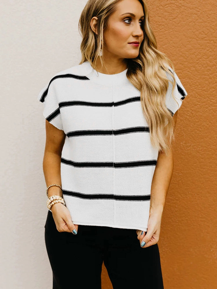2024 Summer New Arrival Pullover Short Sleeve Knitting Tops Women's Fashion Stripes Print Casual Loose Three-Quarter Sleeve T-shirt Bateau Neck Pullover