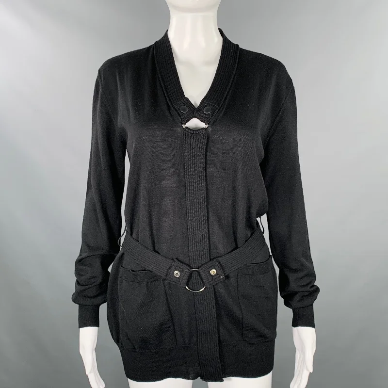 JEAN PAUL GAULTIER Size M Black Knit V-Neck Belted Pullover Wide Sleeve Pullover