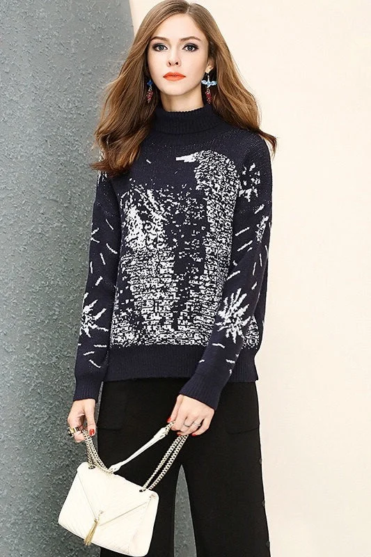 Navy Sweater W/ Snowflake Detail Wool Fabric Cashmere Fabric Tweed Fabric