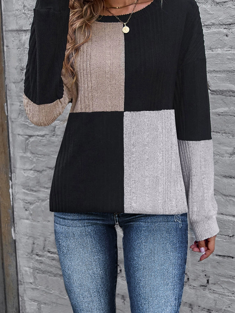 Fashion Contrast Color Multicolor Stitching Long Sleeve T-shirt Women 2024 Fall and Winter New Arrival Silm Easiest for Match round Neck Pullover Tops Puff Sleeve Stylish