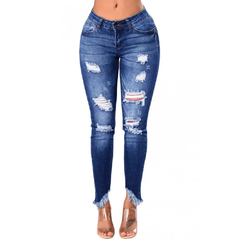 2022 Hot Selling Fashion Women's Irregular Tassel High Waist Skinny Ripped Jeans Sexy Trousers Distressed Ripped Jeans Women Trousers chic fashionable