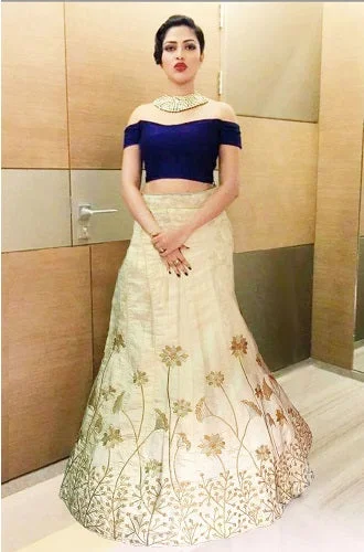 L12, Blue Crop top With Golden Lehenga, Size (XS-30 to L-38) Asymmetrical Pockets Print