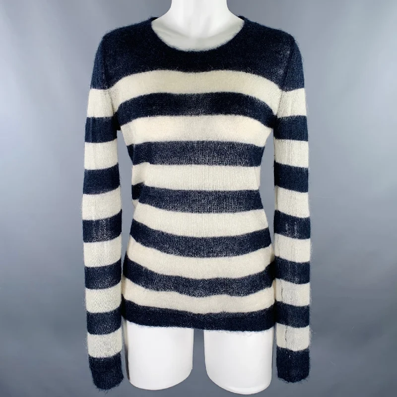 SCOTCH AND SODA Size M Navy Cream Stripe Crew Neck Pullover Asymmetrical Neck Pullover
