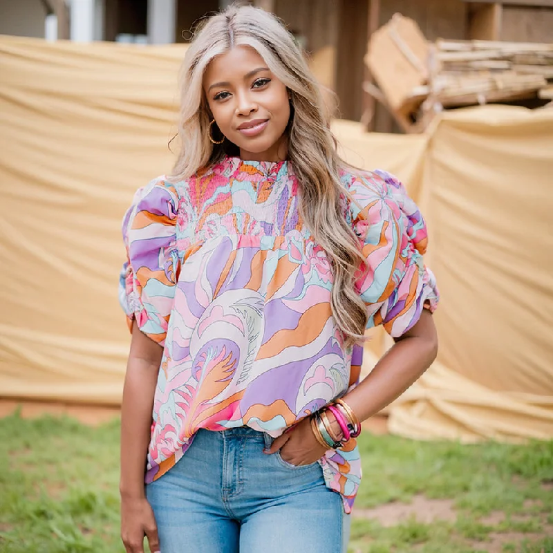 Fashion Abstract Printing Pullover Summer round Neck Short Sleeves Plunging Neck Pullover