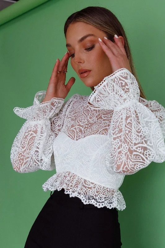 Jamie Long Balloon Sleeve Lace Crop Top White Anti-Pilling Machine Wash Handmade