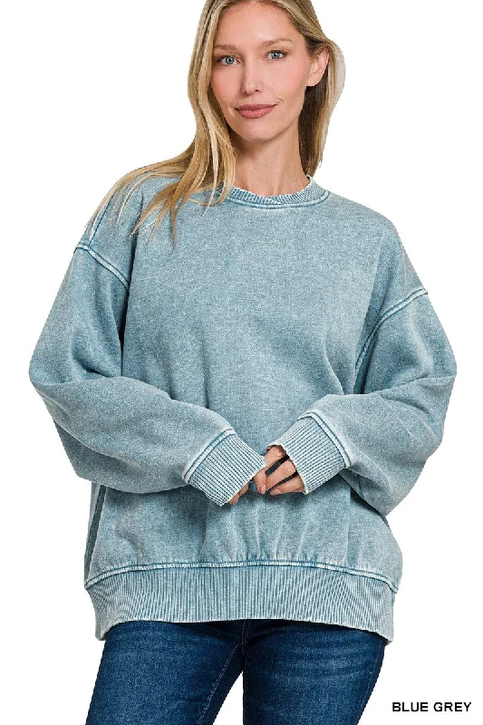 ACID WASH OVERSIZED FLEECE PULLOVER in BLUE GREY Ruffled Neck Pullover