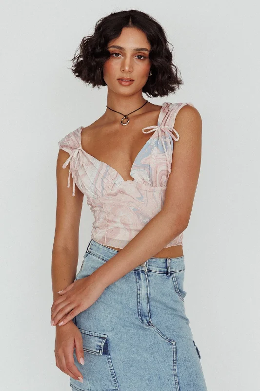 Fairfax Shoulder Tie Crop Top Pink Multi Silk Blend Satin Velvet